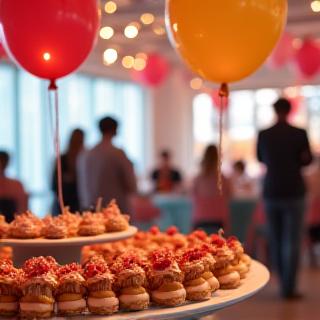 Feestelijk versierde evenementenruimte met ballonnen en een tafel vol lekkernijen