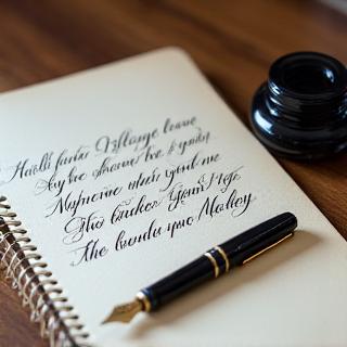 Kalligrafie pennen, inktpot en een schrift met sierlijke letters